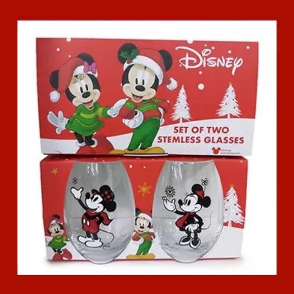 ♠️ New Holiday Farmhouse Mickey & Minnie Plaid 19-Oz. Stemless Glasses, 2-Pack - Picture 1 of 3